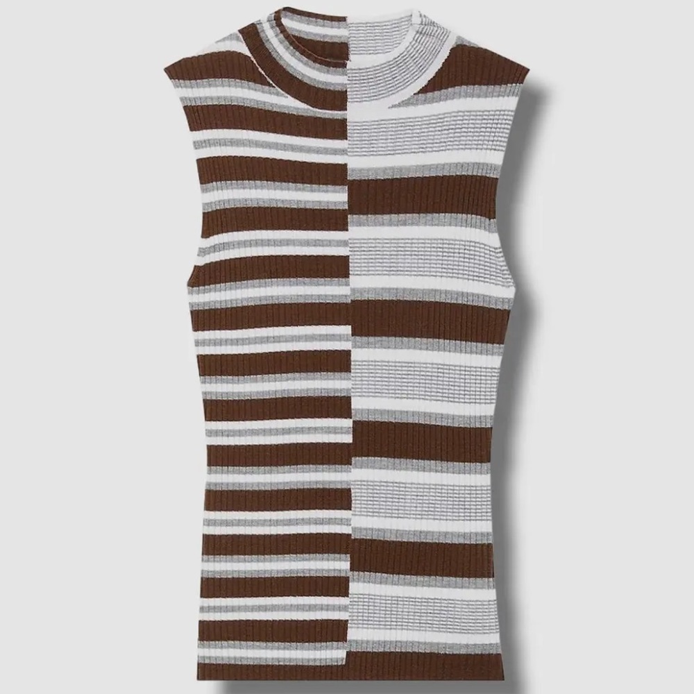 $195 Theory Women's Brown Mix Stripe Mock Neck Wool Tank Top Size med